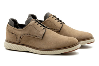 Martin Dingman CountryAire khaki suede plain toe shoe, top view showing elastic non-tie laces