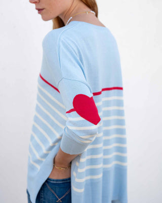Women's light blue & red striped sweater with heart patch detail