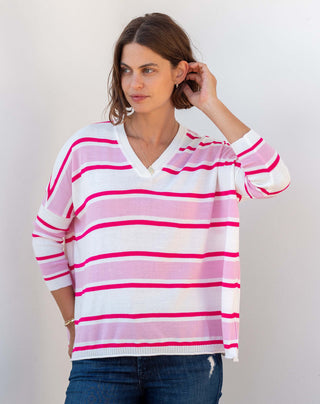 Mersea Women's Sweaters White/Pink/Raspberry Stripe / Petite Mersea Catalina V-Neck Sweater