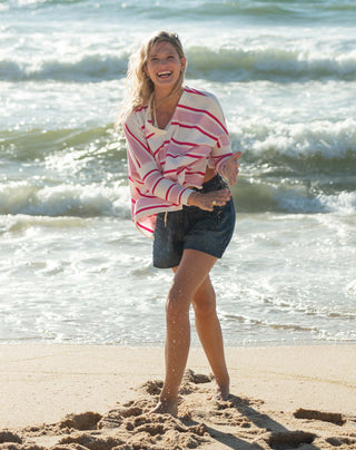 Mersea Women's Sweaters White/Pink/Raspberry Stripe / Petite Mersea Catalina V-Neck Sweater