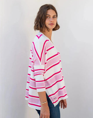 Mersea Women's Sweaters White/Pink/Raspberry Stripe / Petite Mersea Catalina V-Neck Sweater