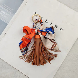 Bow Scarf Tassel Bag Charm Brown