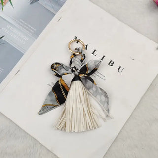 Bow Scarf Tassel Bag Charm White