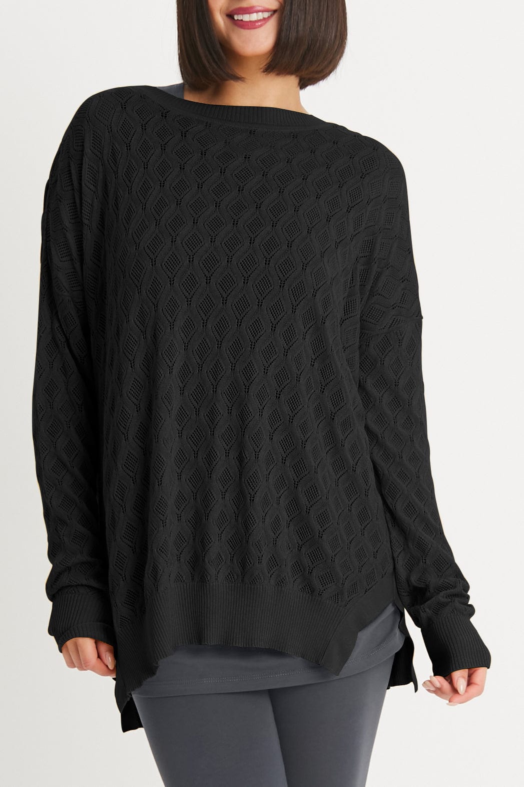 PLANET by Lauren G Women's Sweaters Black / One Size Planet Pima Cotton Long Diamond Weave Crewneck
