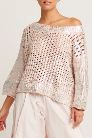 PLANET by Lauren G Women's Sweaters Blush/Silver / O/S Planet Metallic Crochet Sweater