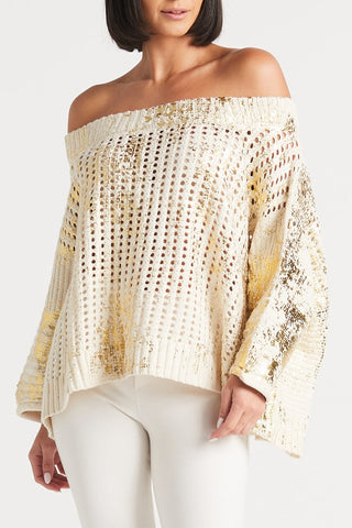 PLANET by Lauren G Women's Sweaters Crudo/Gold / O/S Planet Metallic Crochet Sweater