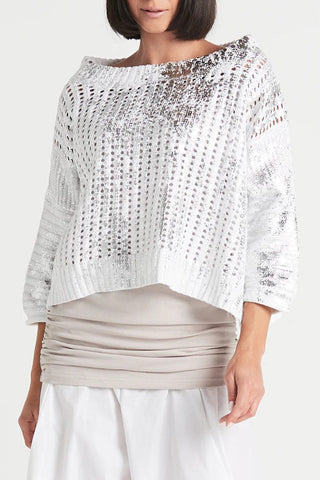 PLANET by Lauren G Women's Sweaters White/Silver / O/S Planet Metallic Crochet Sweater