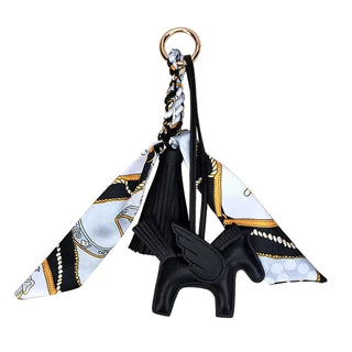 bag charm with black pegasus, twilly and tassel
