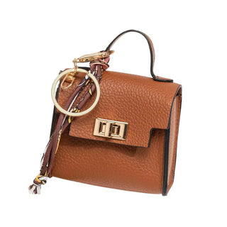 Brown mini handbag bag charm keychain with gold turn-lock and twilly scarf