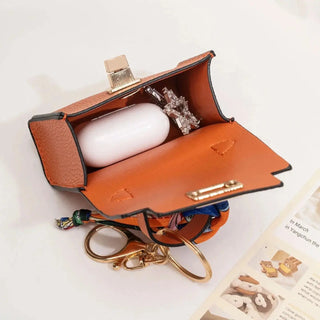 Mini handbag bag charm keychain with printed twilly scarf tie, detail view