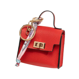 Red mini handbag bag charm keychain with gold turn-lock and twilly scarf
