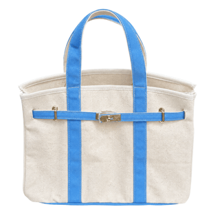 Boatkin canvas boat tote in beige with Carolina blue contrast straps and gold turn-lock hardware