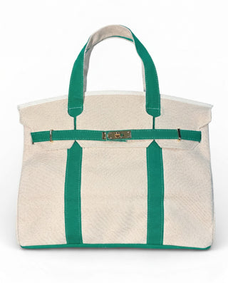 Boatkin canvas boat tote in beige with green contrast straps and gold turn-lock hardware