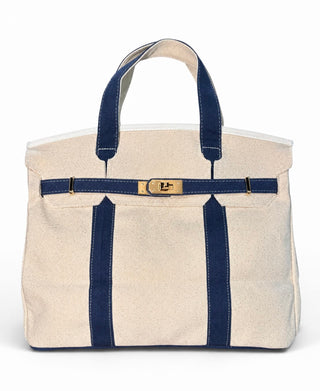 Boatkin canvas boat tote in beige with navy contrast straps and gold turn-lock hardware