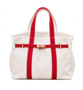 Boatkin canvas boat tote in beige with red contrast straps and gold turn-lock hardware
