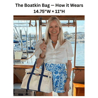 Boatkin Bag structured canvas tote in navy, red, and green strap options