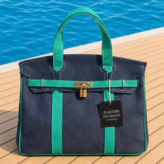 Navy boatkin with green straps on a boat eck