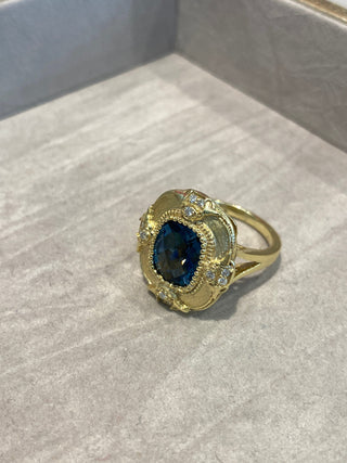 Raymond Mazza Rings 14kt Gold Ring w/ 2.11ct London Blue Topaz & .12 Diamonds