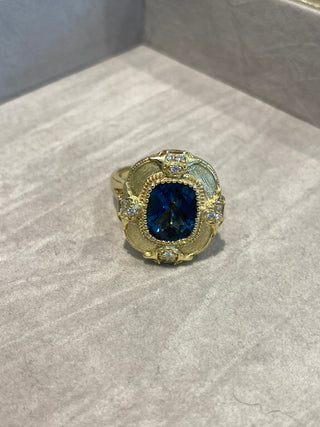 Raymond Mazza Rings 14kt Gold Ring w/ 2.11ct London Blue Topaz & .12 Diamonds