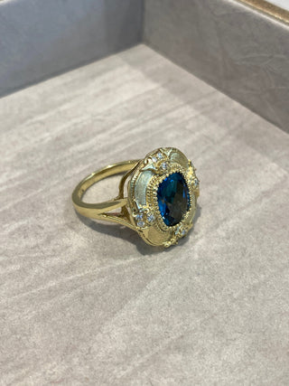 Raymond Mazza Rings 14kt Gold Ring w/ 2.11ct London Blue Topaz & .12 Diamonds