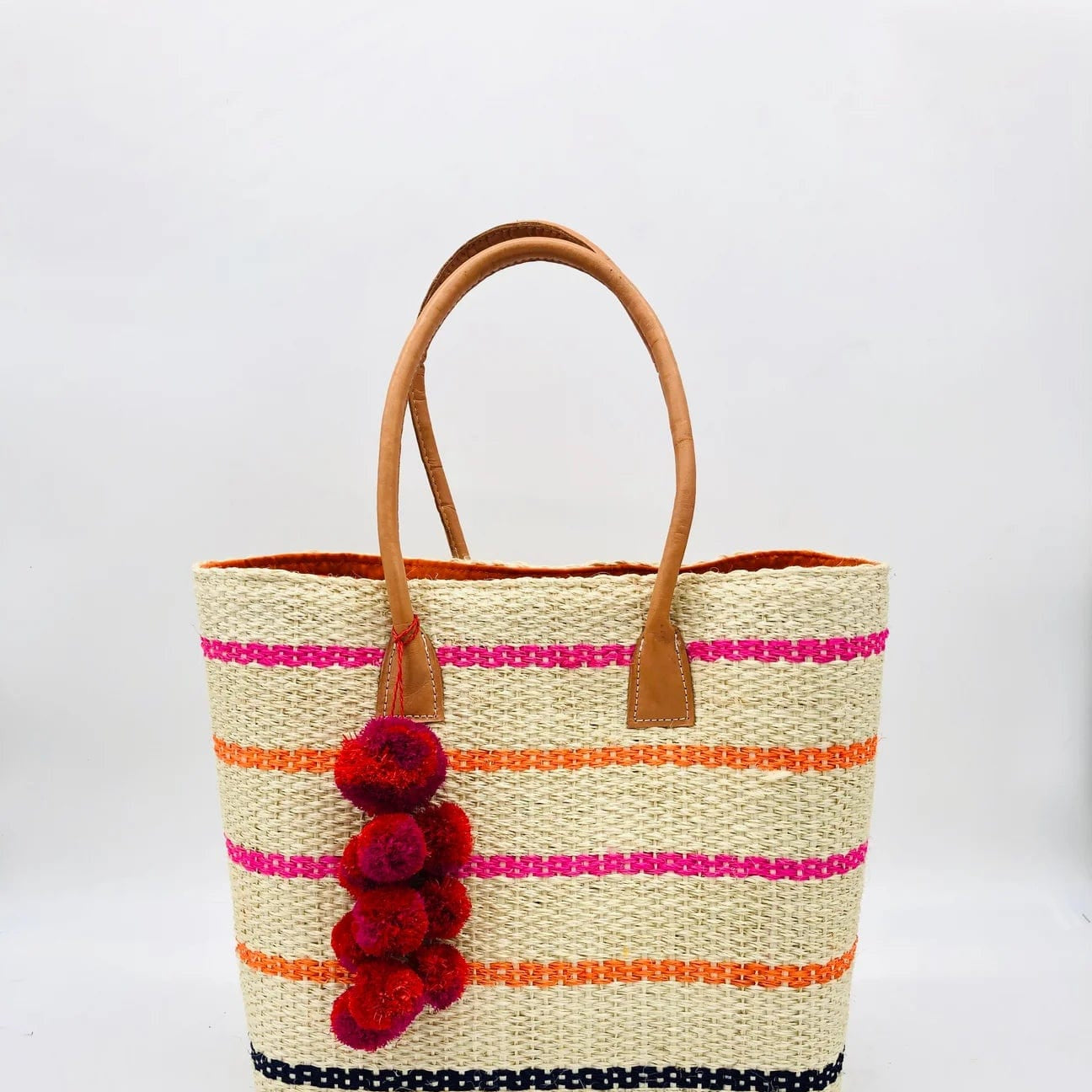 Shebobo Handbags Pink Capitola Pinstripes Sisal Basket Bag w/ Pom