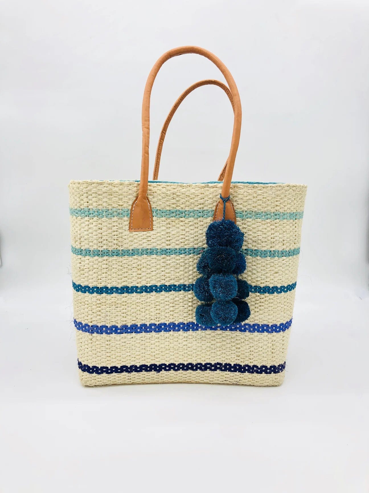 Shebobo Handbags Turquoise Capitola Pinstripes Sisal Basket Bag w/ Pom