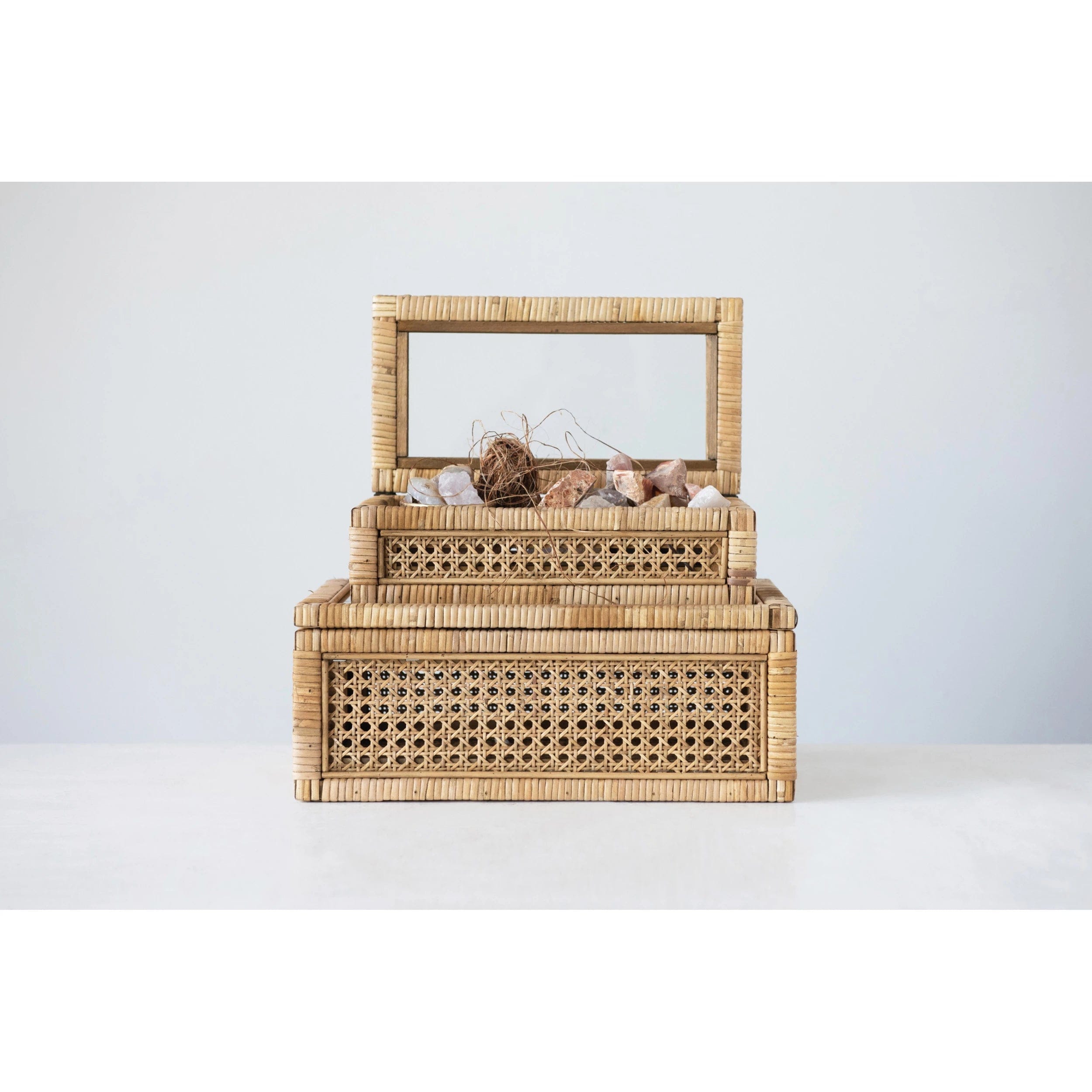 Creative Co-Op Decorative Box Rattan Display Boxes with Glass Lids Set/2