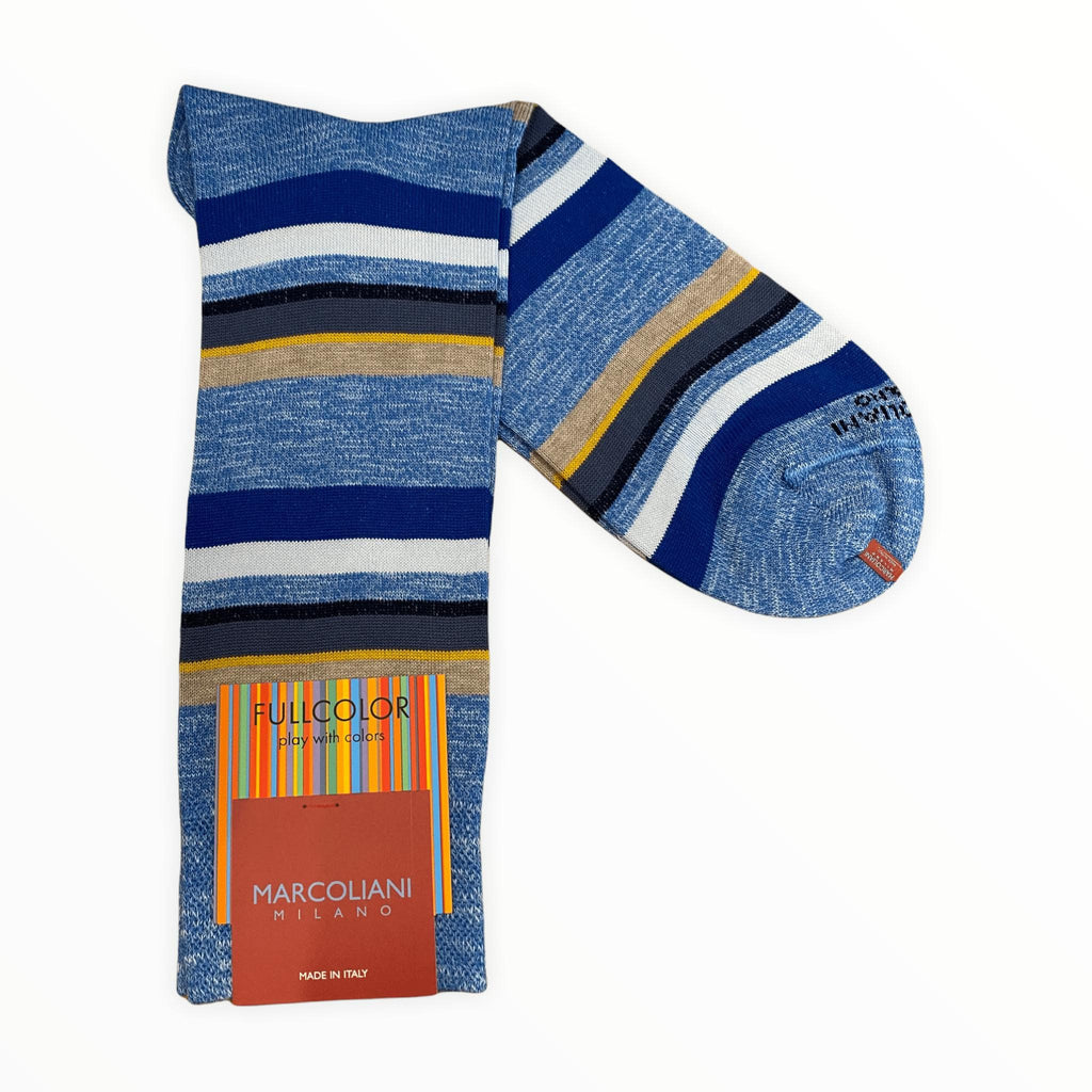Marcoliani Men's Socks Azure Blue Pima Cotton Eclectic Stripe