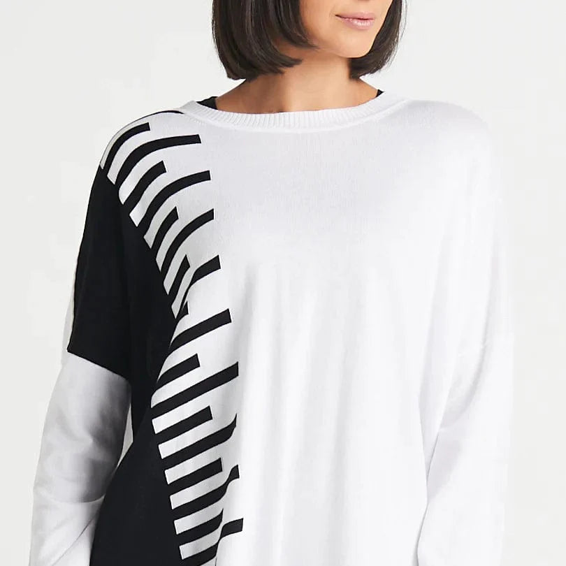 PLANET by Lauren G Women's Sweaters White/Black / One Size Pima Cotton Long Keyboard Crewneck Sweater