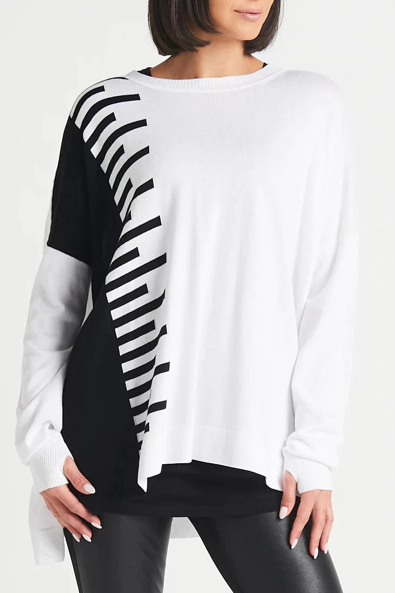 PLANET by Lauren G Women's Sweaters White/Black / One Size Pima Cotton Long Keyboard Crewneck Sweater