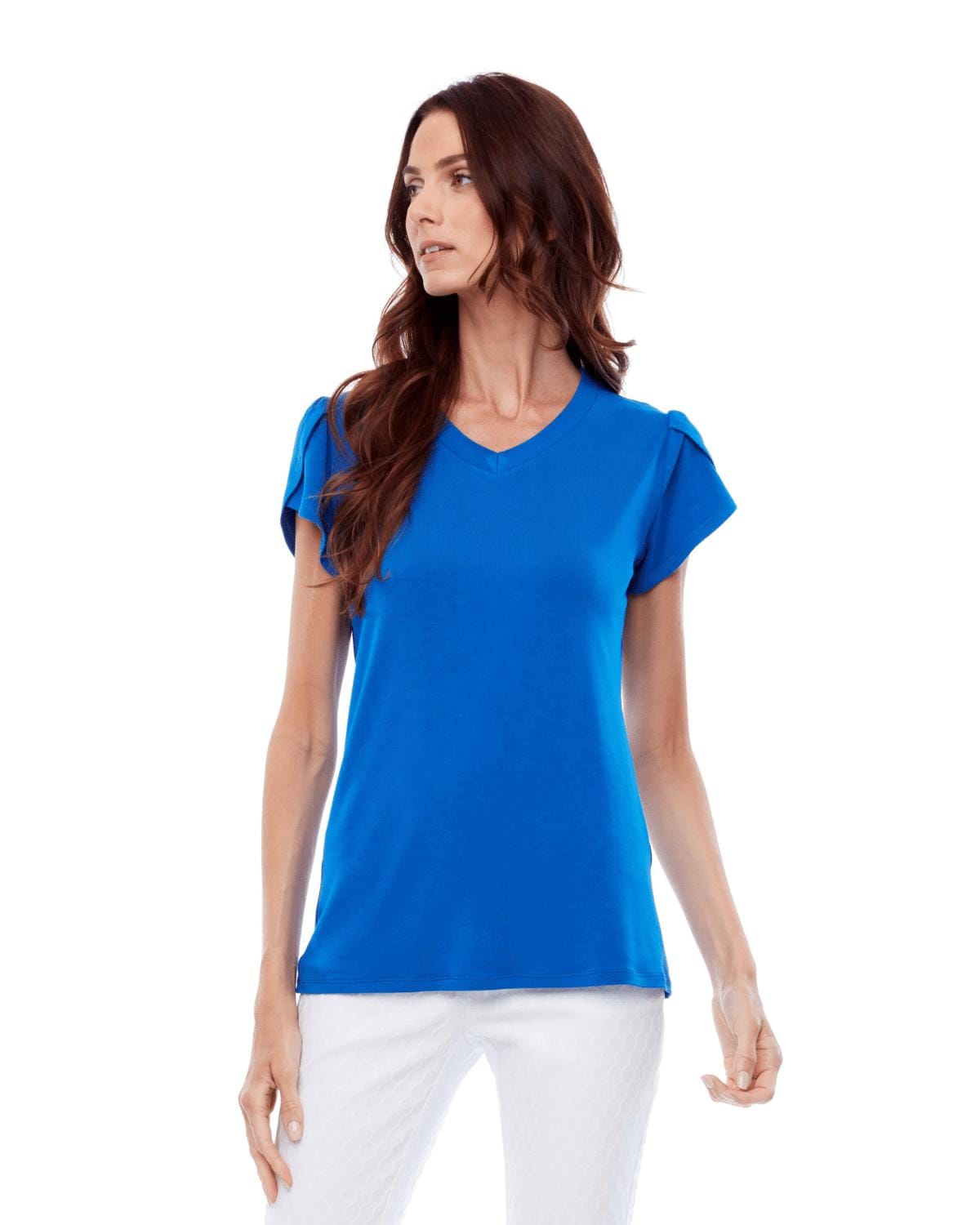 UP! Women's Shirts & Tops Cobalt / Small Petal Sleeve V-Neck Top
