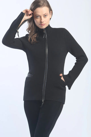 Zoe Couture Women's Jackets Black / Small Leather Piped Zipper Knit Jacket